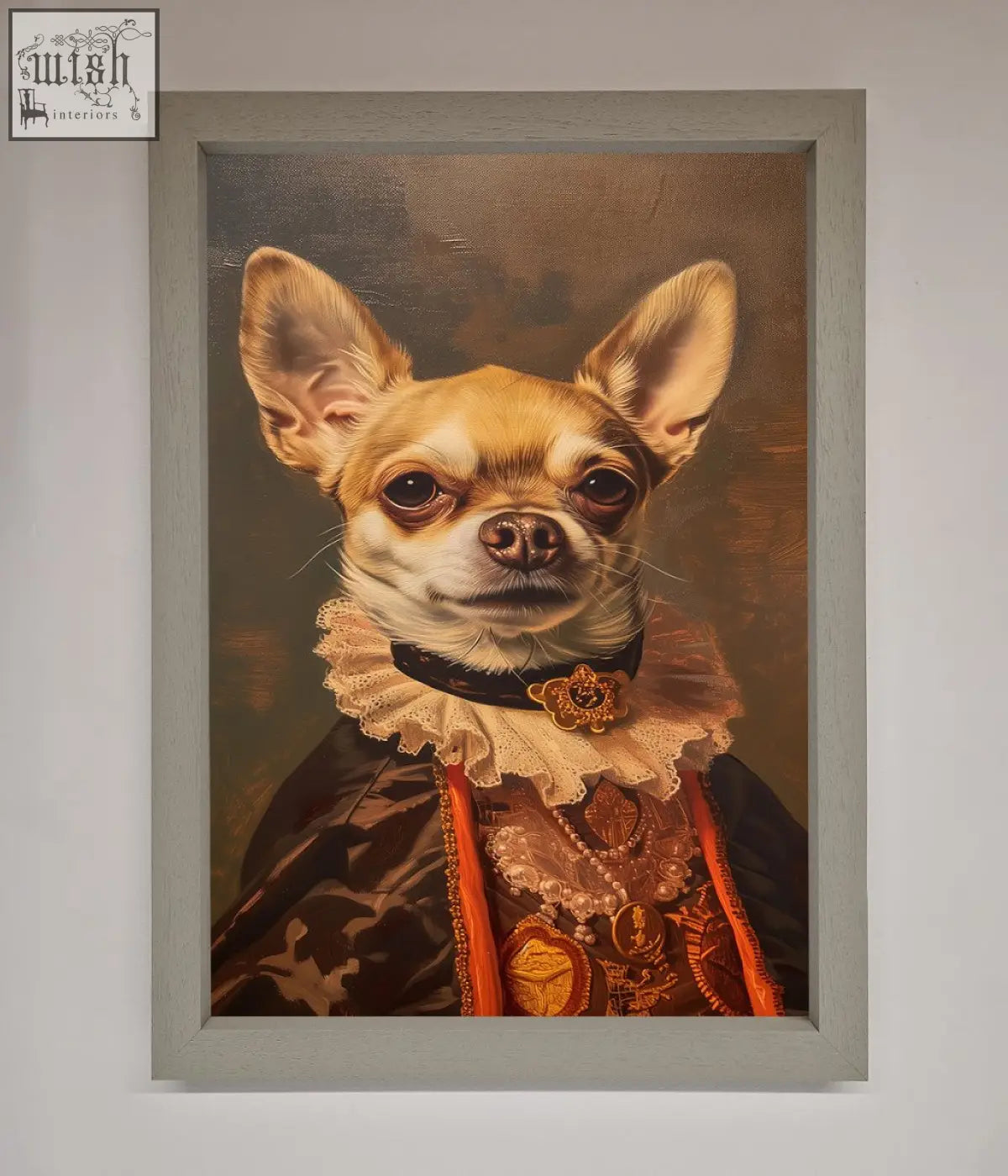 A renaissance chihuahua framed print featuring a chihuahua in ornate historical attire with lace collar and gold details