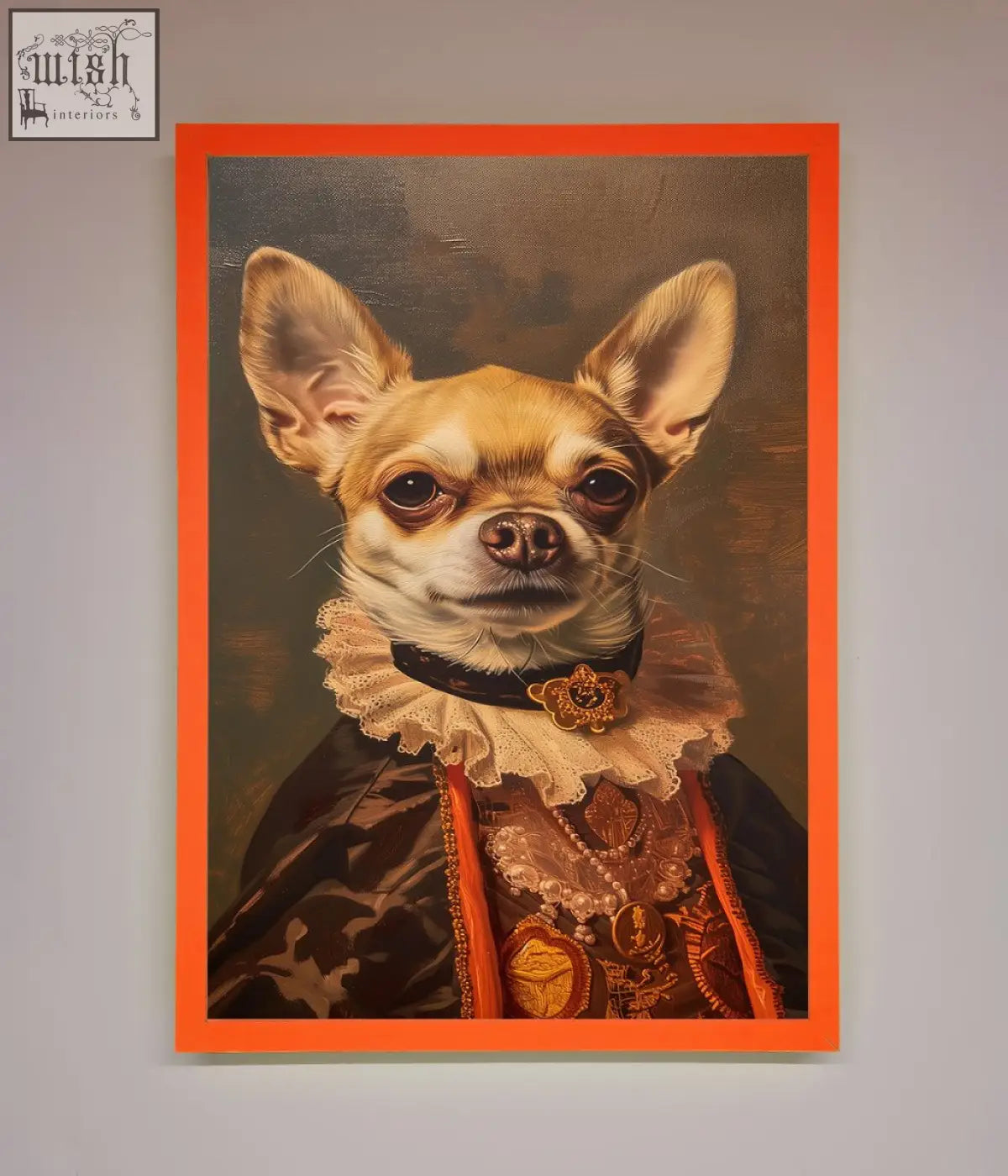 A renaissance chihuahua framed print featuring a chihuahua in ornate historical attire with an orange border