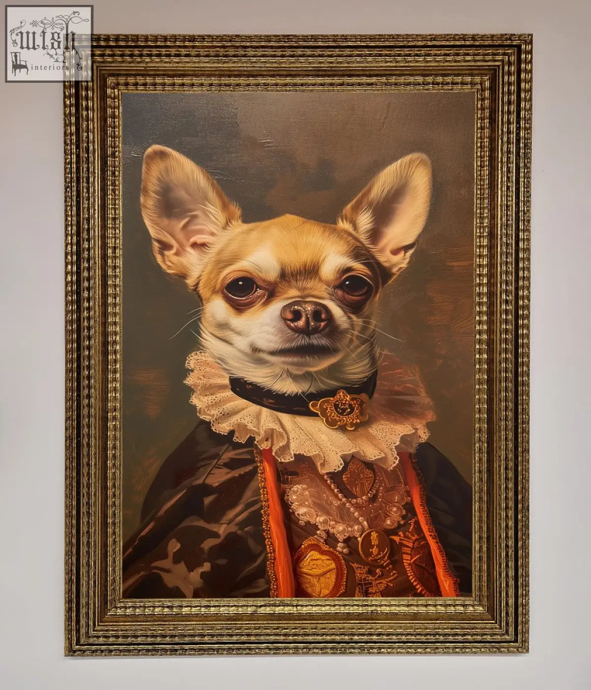 A renaissance chihuahua framed print featuring a chihuahua in ornate gold and brown historical attire in a stylish frame