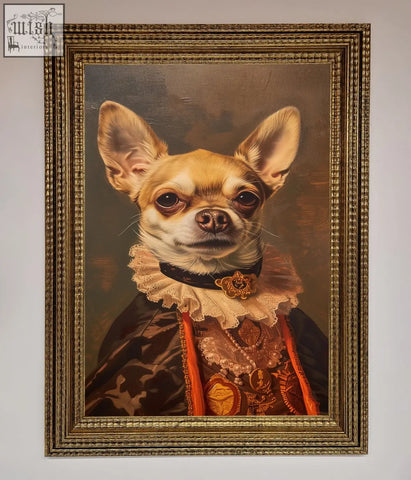 A renaissance chihuahua framed print featuring a chihuahua in ornate gold and brown historical attire in a stylish frame