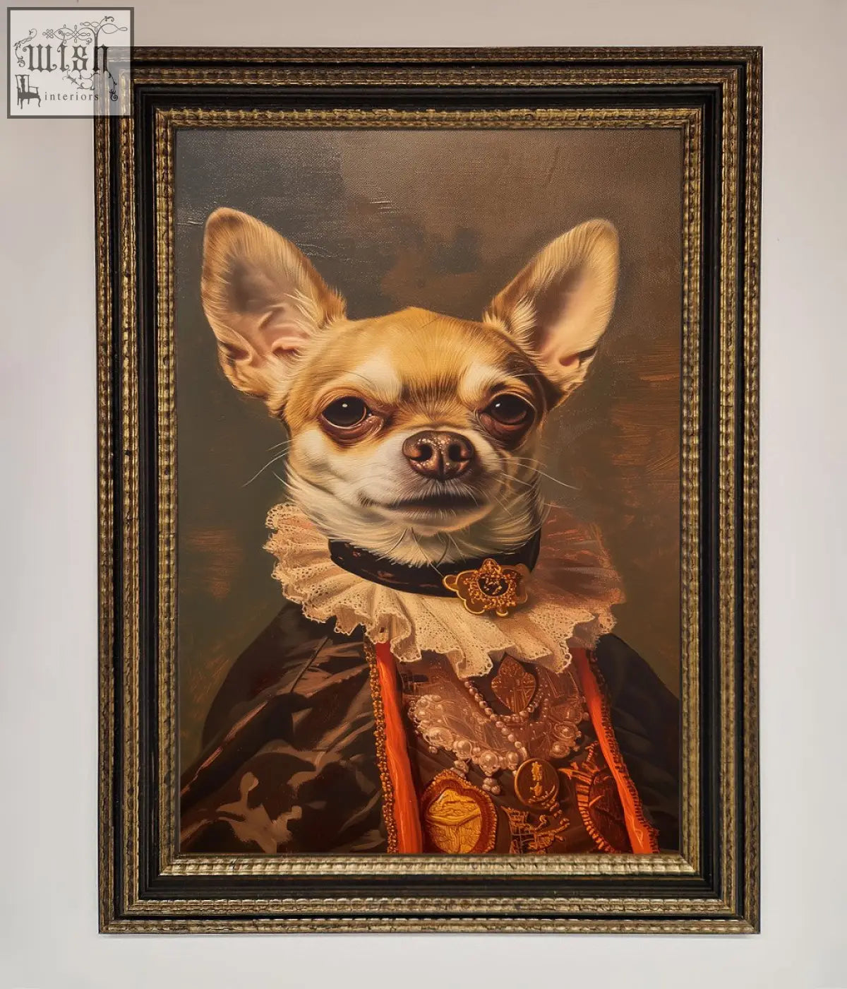 A renaissance chihuahua framed print featuring a regal chihuahua in velvet and lace in a gilded ornate frame