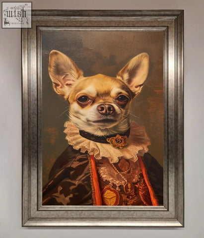 A renaissance chihuahua framed print featuring a chihuahua in ornate gold and lace regal attire in a decorative frame