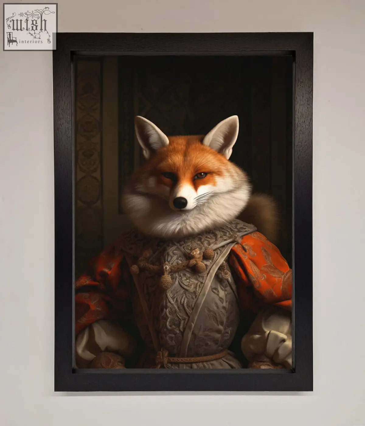 A renaissance fox framed poster featuring a fox in rich orange and silver embroidered historical attire