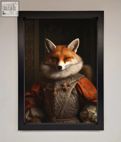 A renaissance fox framed poster featuring a fox in rich orange and silver embroidered historical attire