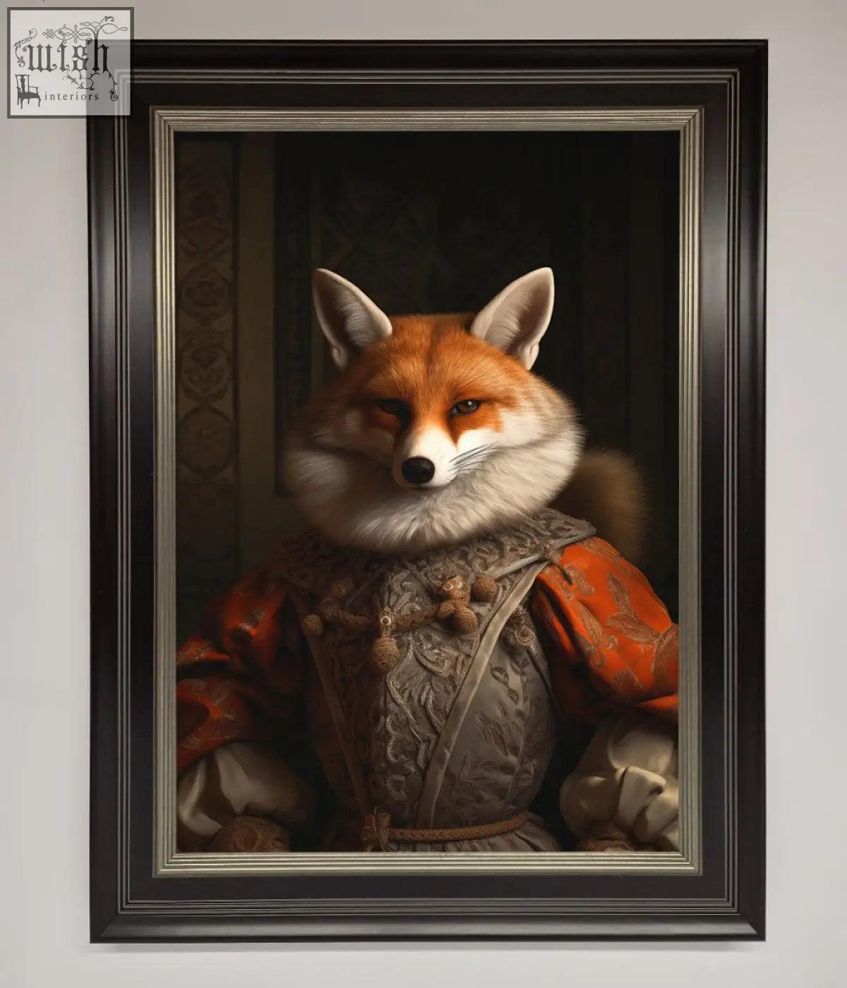 A renaissance fox framed poster featuring a fox in ornate reddish-orange and silver renaissance-style attire