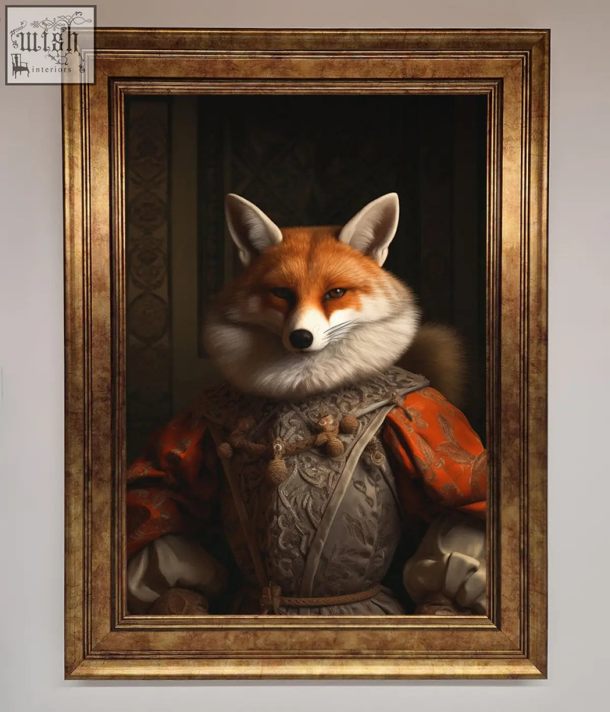 A regal red renaissance fox in ornate historical attire on a fox framed poster with a gilded wooden frame
