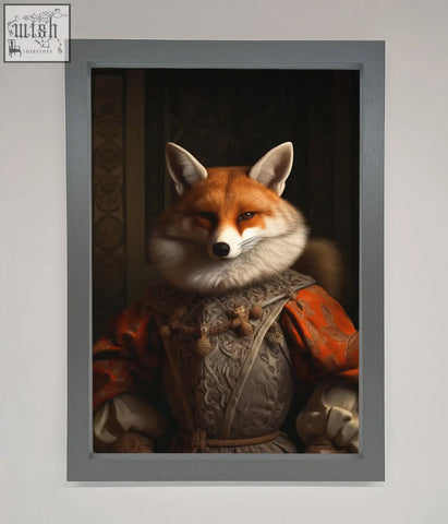 A renaissance fox framed poster featuring a fox in ornate reddish-orange and silver renaissance-style attire