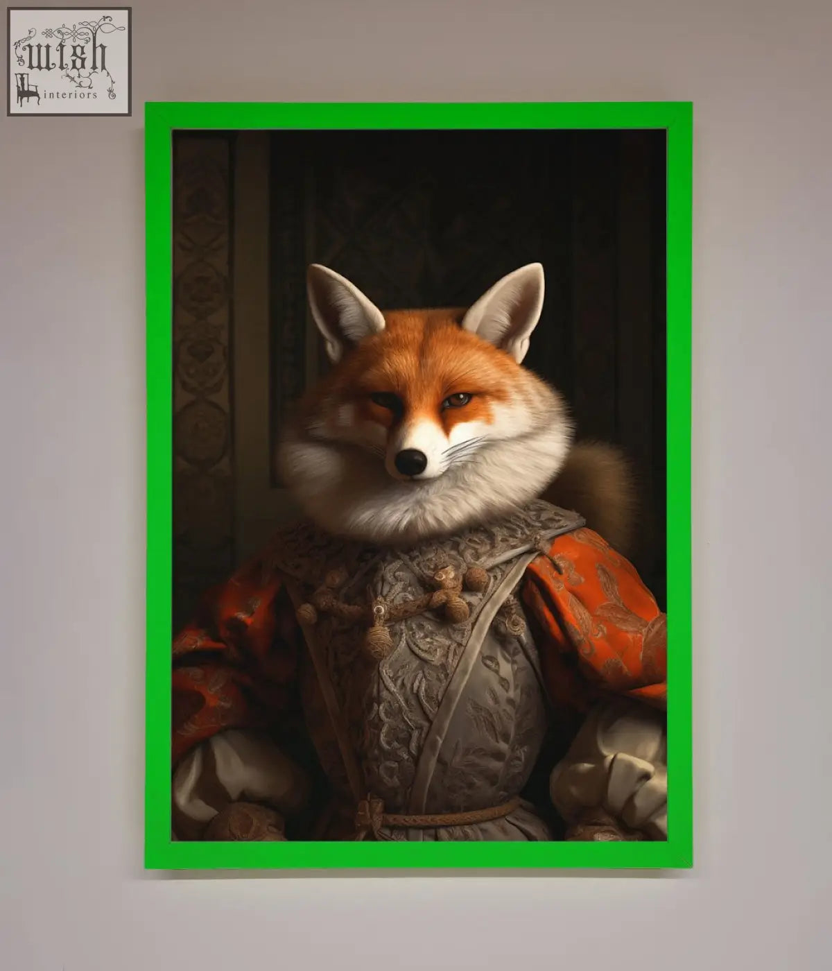 A renaissance fox framed poster featuring a fox in ornate reddish-orange and silver renaissance-style attire