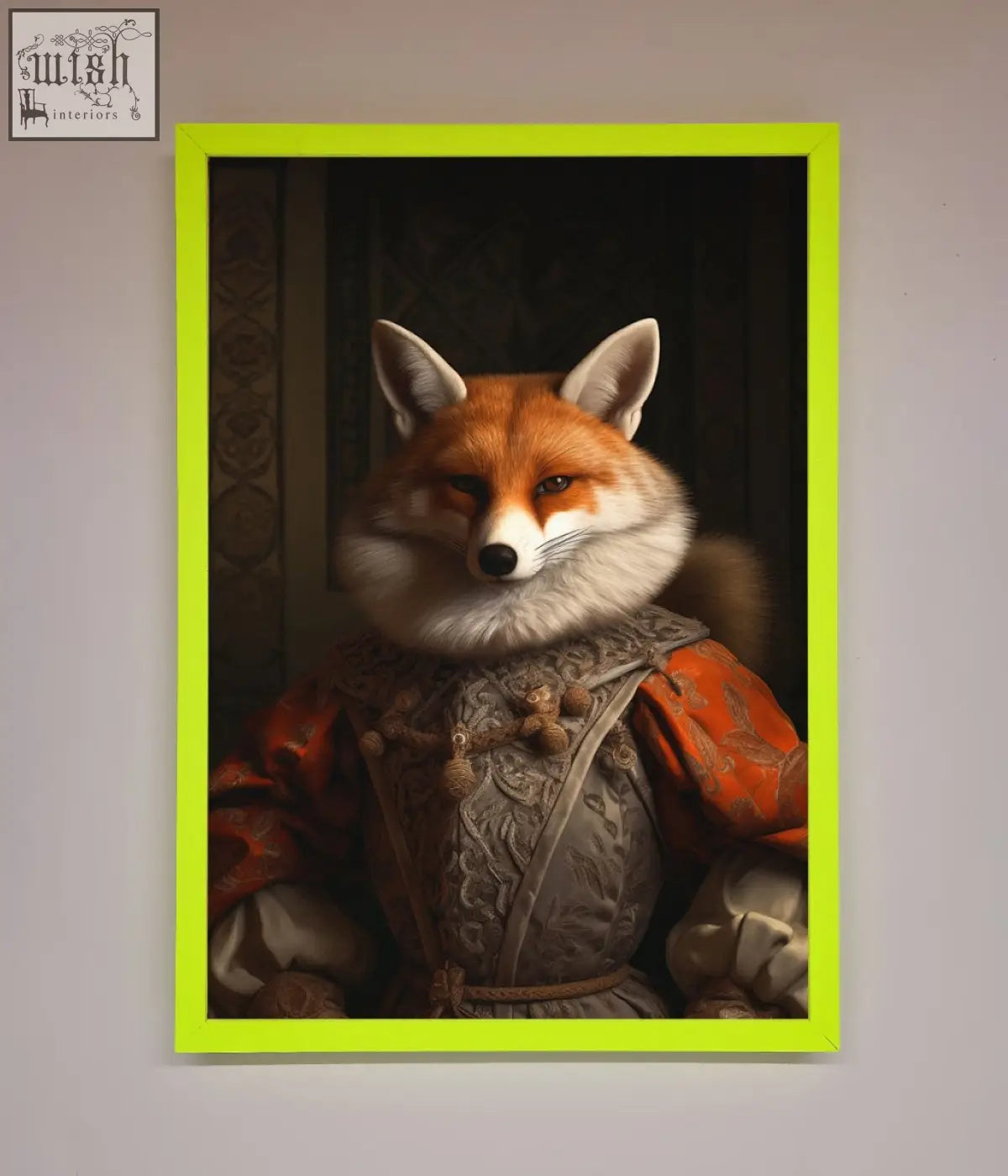 A vibrant lime-green renaissance fox framed poster featuring a fox in ornate orange and silver historical clothing