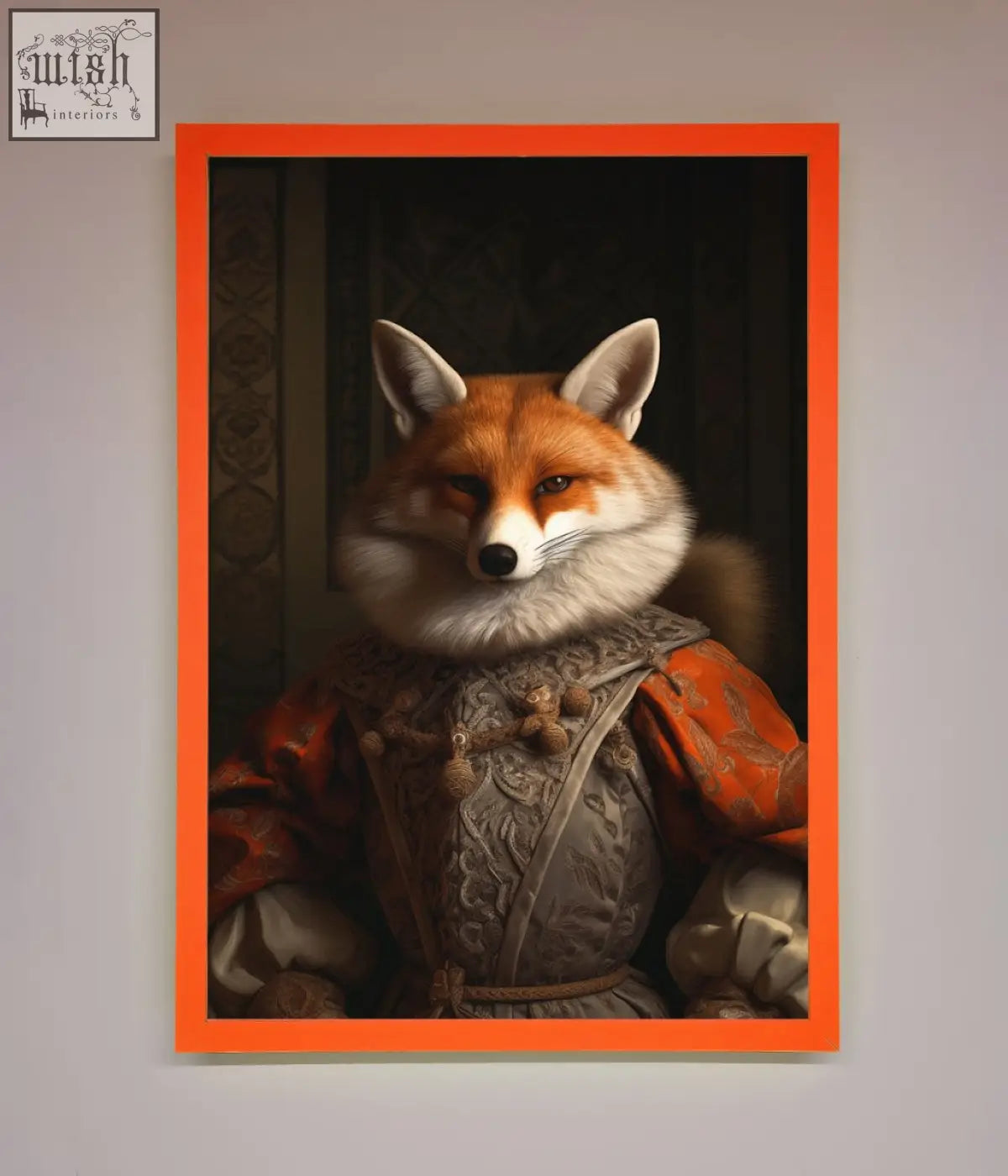 A renaissance fox framed poster featuring a fox in ornate reddish-orange and silver renaissance-style attire