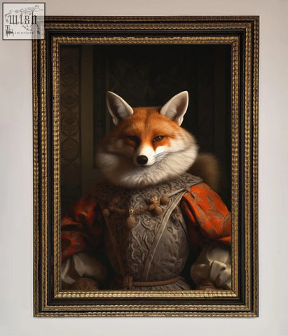 A renaissance fox framed poster featuring a detailed portrait of a fox in ornate historical attire with a gold frame