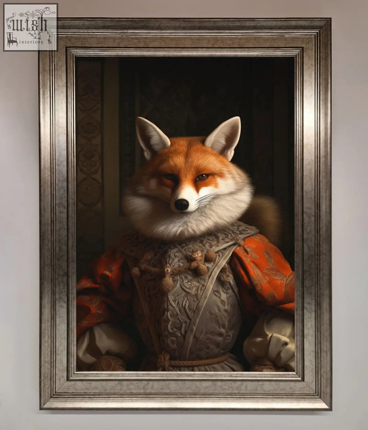 A renaissance fox framed poster featuring a fox in ornate reddish orange and silver renaissance-style attire