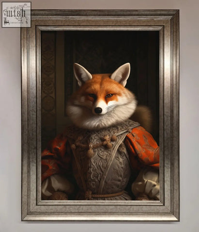 A renaissance fox framed poster featuring a fox in ornate reddish orange and silver renaissance-style attire