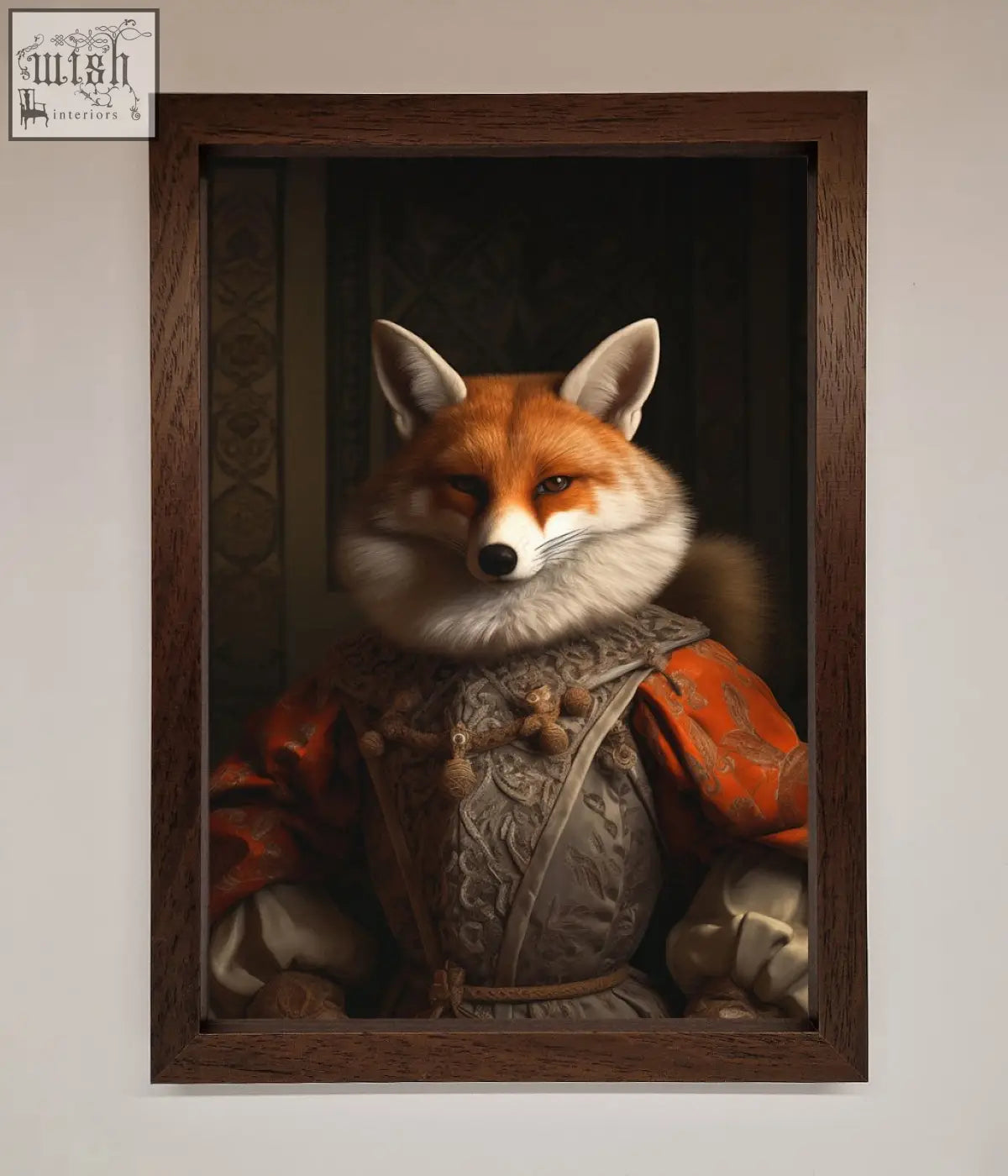 A renaissance fox framed poster featuring a fox in ornate reddish orange and silver renaissance-style attire