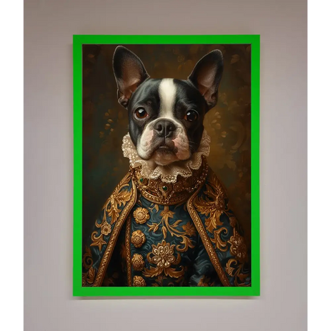 Renaissance French Bulldog Framed Print - B0 (100 x 141 cm) / Neon Dark Green - Framed Print