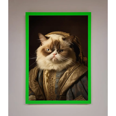 Renaissance Grumpy Cat Framed Print - A3 (29.7 x 42 cm) / Neon Dark Green - Framed Print