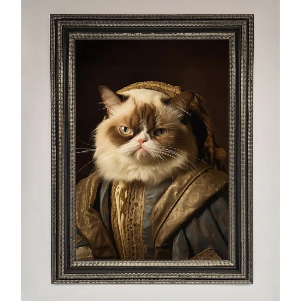 Renaissance Grumpy Cat Framed Print - A3 (29.7 x 42 cm) / Ornate Silver Black - Framed Print