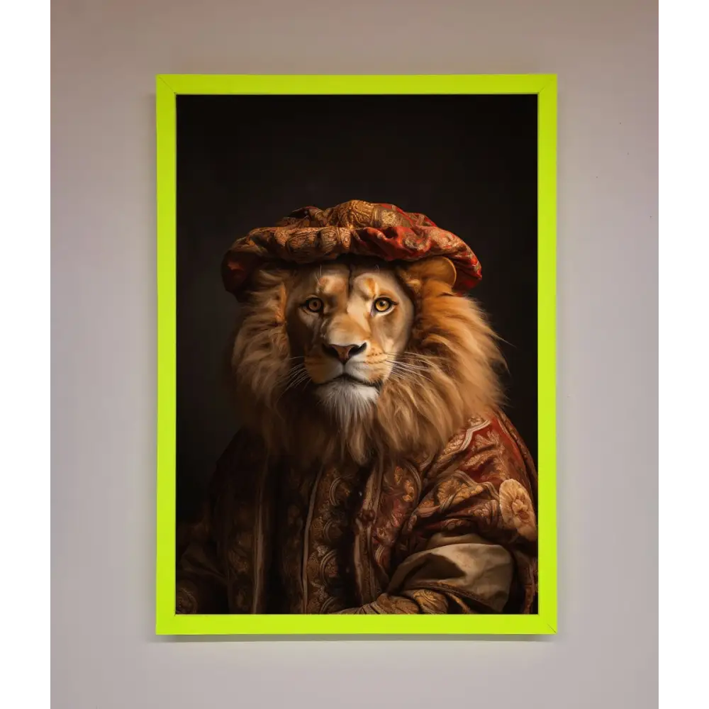 Renaissance Lion Framed Wall Art - A3 (29.7 x 42 cm) / Neon Green - Framed Print