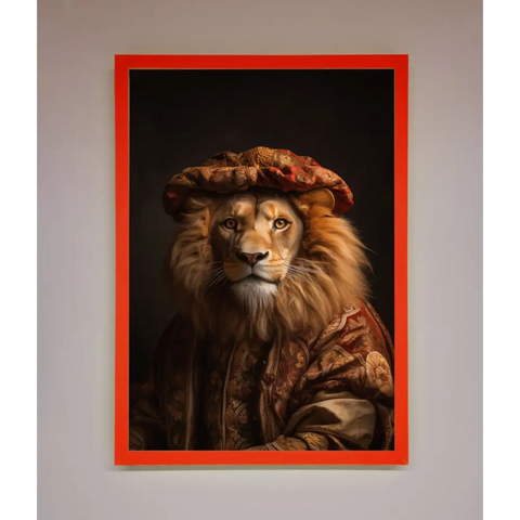 Renaissance Lion Framed Wall Art - A3 (29.7 x 42 cm) / Neon Red - Framed Print