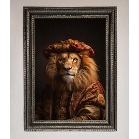 Renaissance Lion Framed Wall Art - A3 (29.7 x 42 cm) / Ornate Silver Black - Framed Print