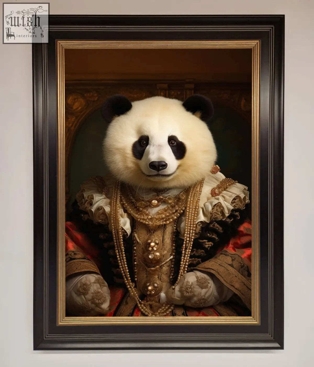 A renaissance panda framed print featuring a panda in gold-embellished ornate renaissance attire in a black frame