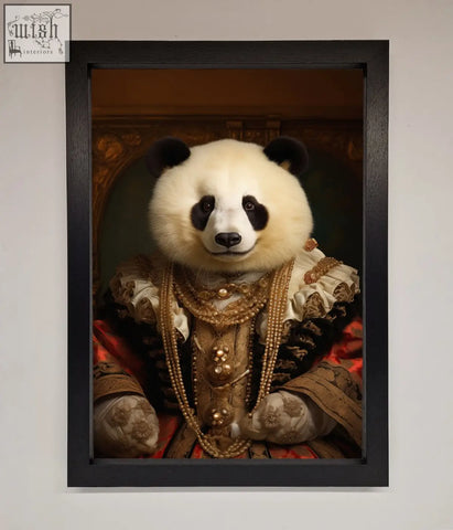 A renaissance panda framed print featuring a panda in gold-embellished ornate attire in a stylish black frame