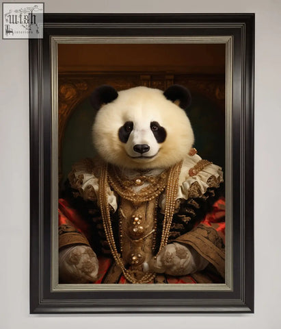 A renaissance panda framed print featuring a panda in ornate gold-embellished attire with layered necklaces
