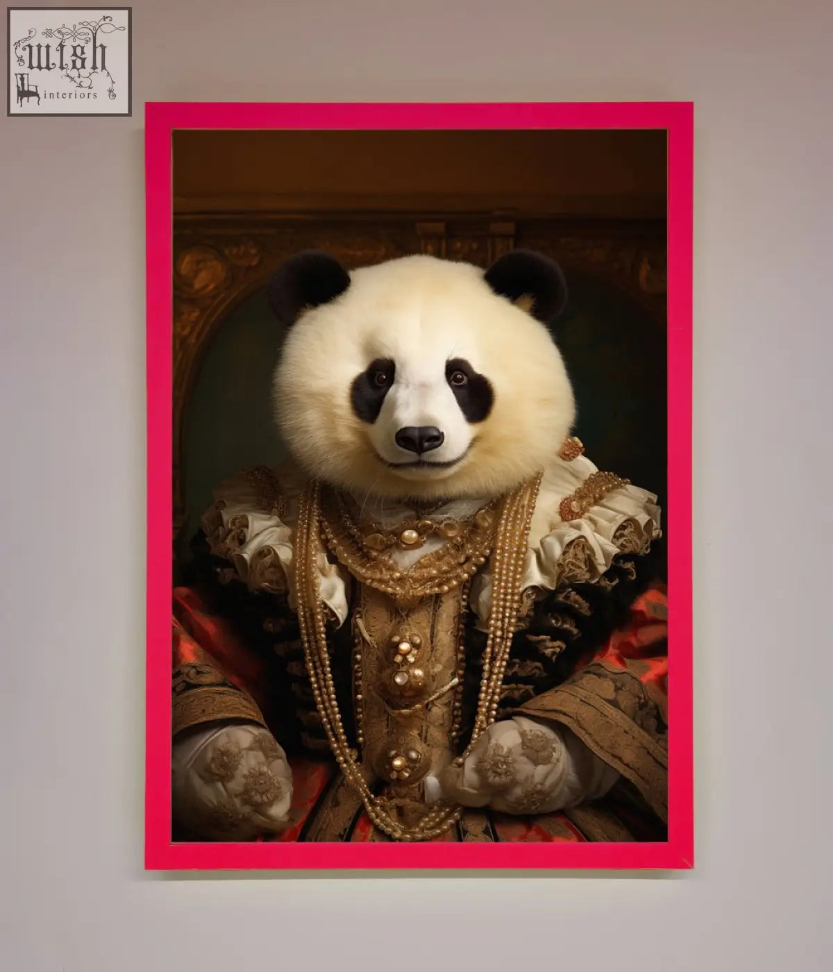 A framed print of a renaissance panda dressed in gold-embellished attire with layered necklaces and ruffled sleeves