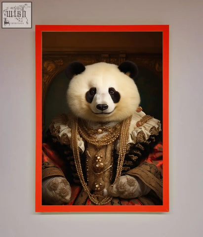 A renaissance panda framed print featuring a panda in gold royal attire with pearl necklaces in a black frame
