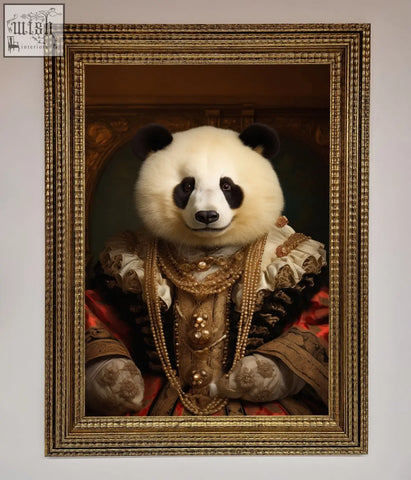 A renaissance panda framed print featuring a regal panda in gold and red velvet attire in a gilded framed print
