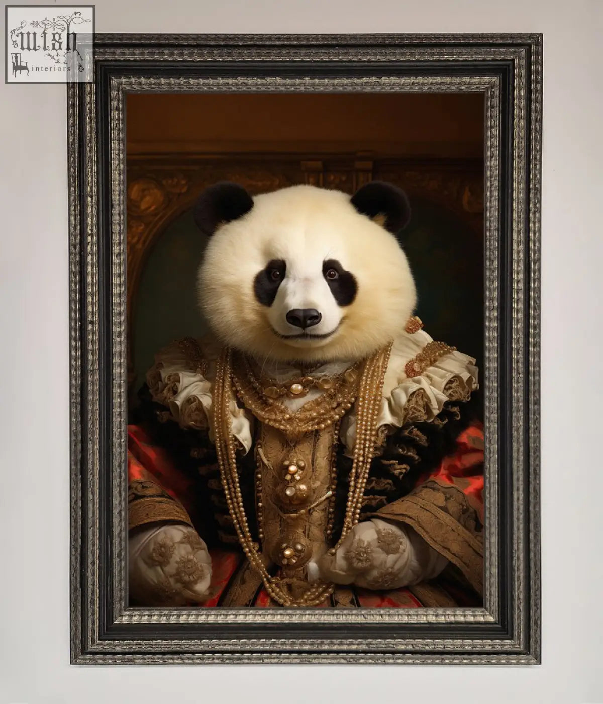 A renaissance panda framed print featuring a panda in gold-embellished ornate attire in a stylish black frame