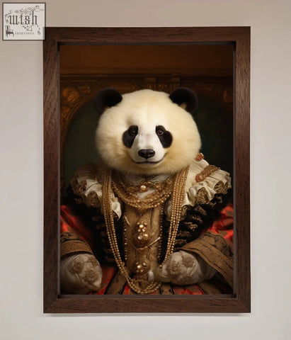 A renaissance panda framed print featuring a panda in gold-embellished ornate renaissance attire in a elegant framed print