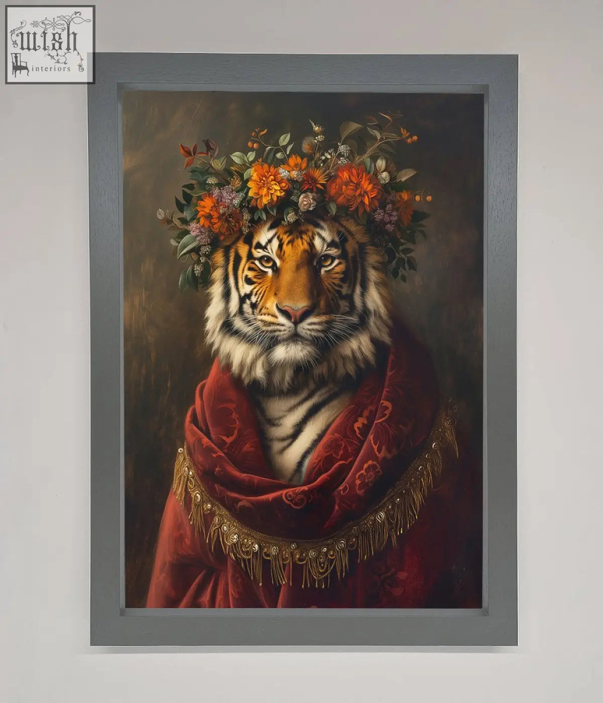A renaissance tiger framed wall art featuring a tiger with an orange purple floral crown and a red velvet shawl with gold fringe