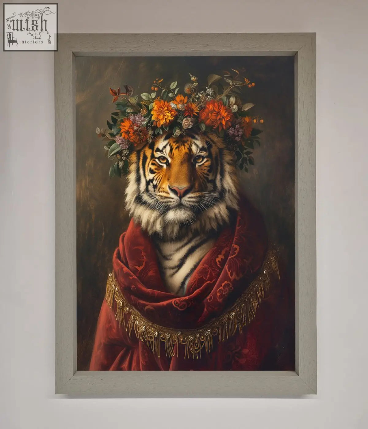 A renaissance tiger framed painting featuring a tiger with an orange pink floral crown and red velvet shawl framed wall art