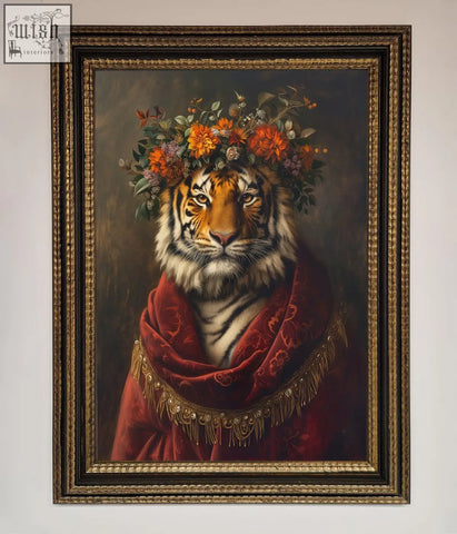 A renaissance tiger framed wall art featuring a tiger with an orange green floral crown and red velvet shawl