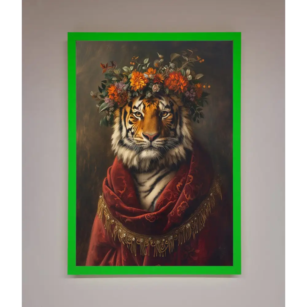 Renaissance Tiger Framed Wall Art - B0 (100 x 141 cm) / Neon Dark Green - Framed Print