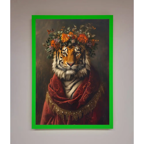 Renaissance Tiger Framed Wall Art - B0 (100 x 141 cm) / Neon Dark Green - Framed Print