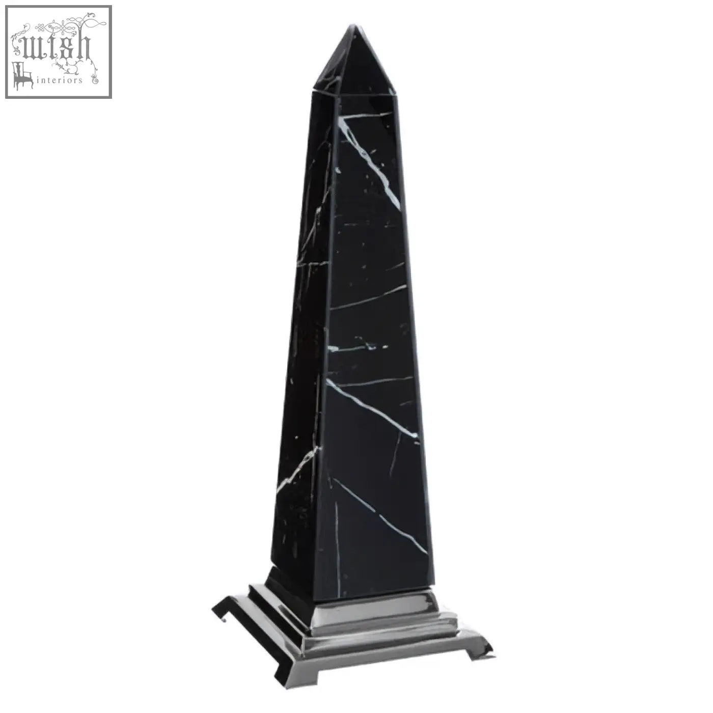 Renata large black marble design obelisk sculpture with white veining and polished silver base for home decor
