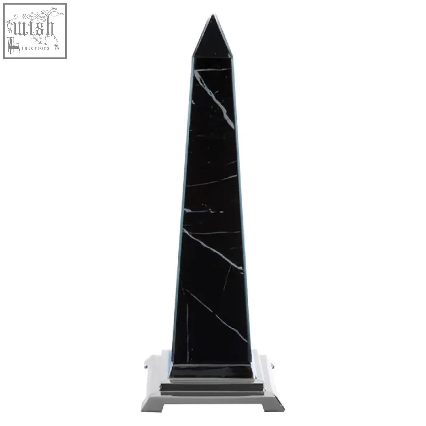 Renata large black marble design obelisk sculpture with white veining on a silver-toned metal base