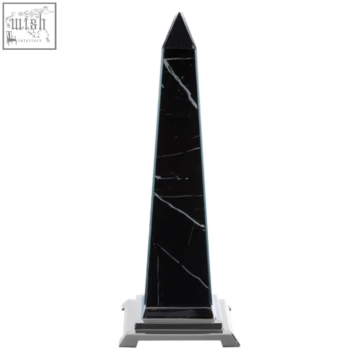 Renata large black marble design obelisk sculpture with white veining on a silver-toned metal base