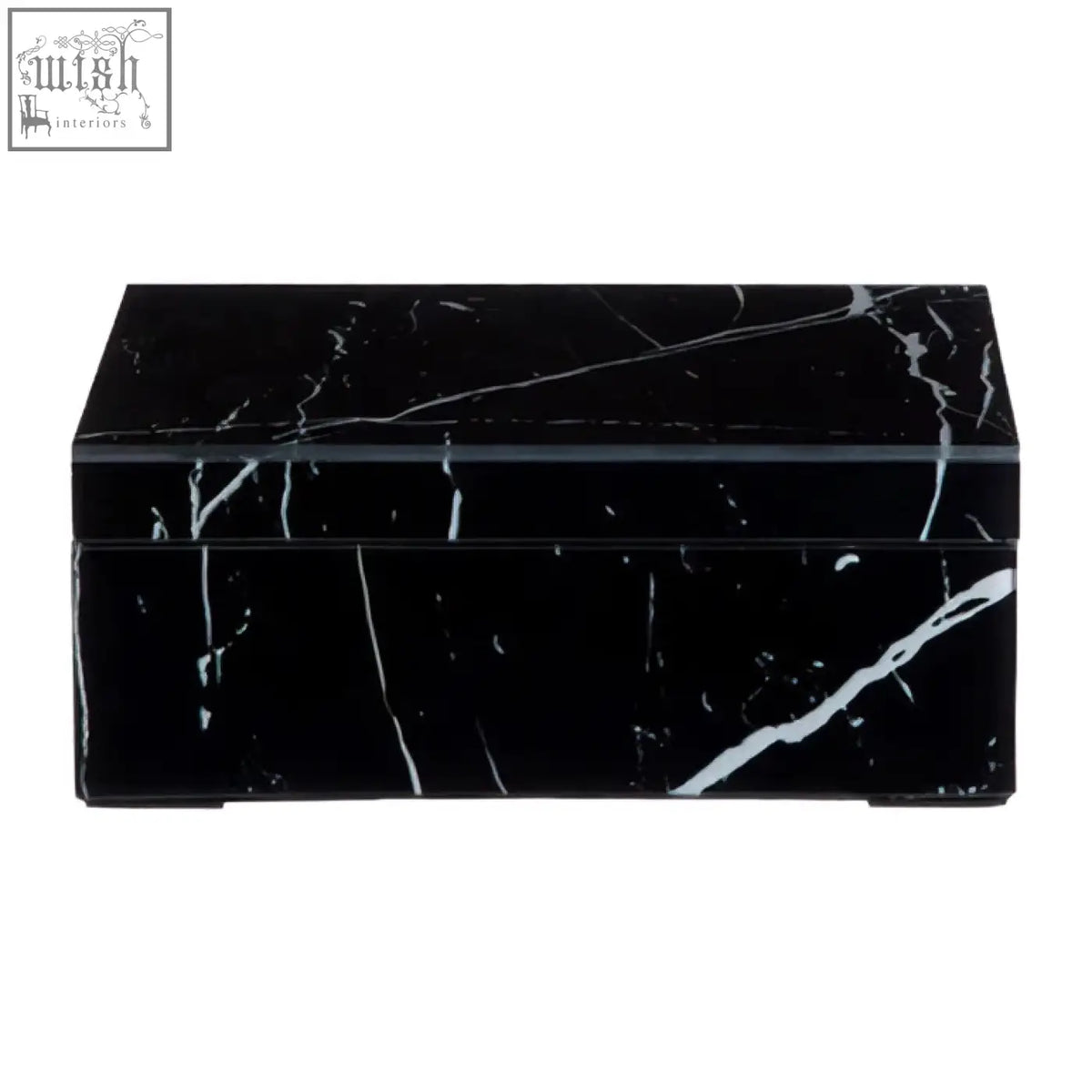 Renata small black marble design glass trinket box with rectangular shape and white veining on black marble design
