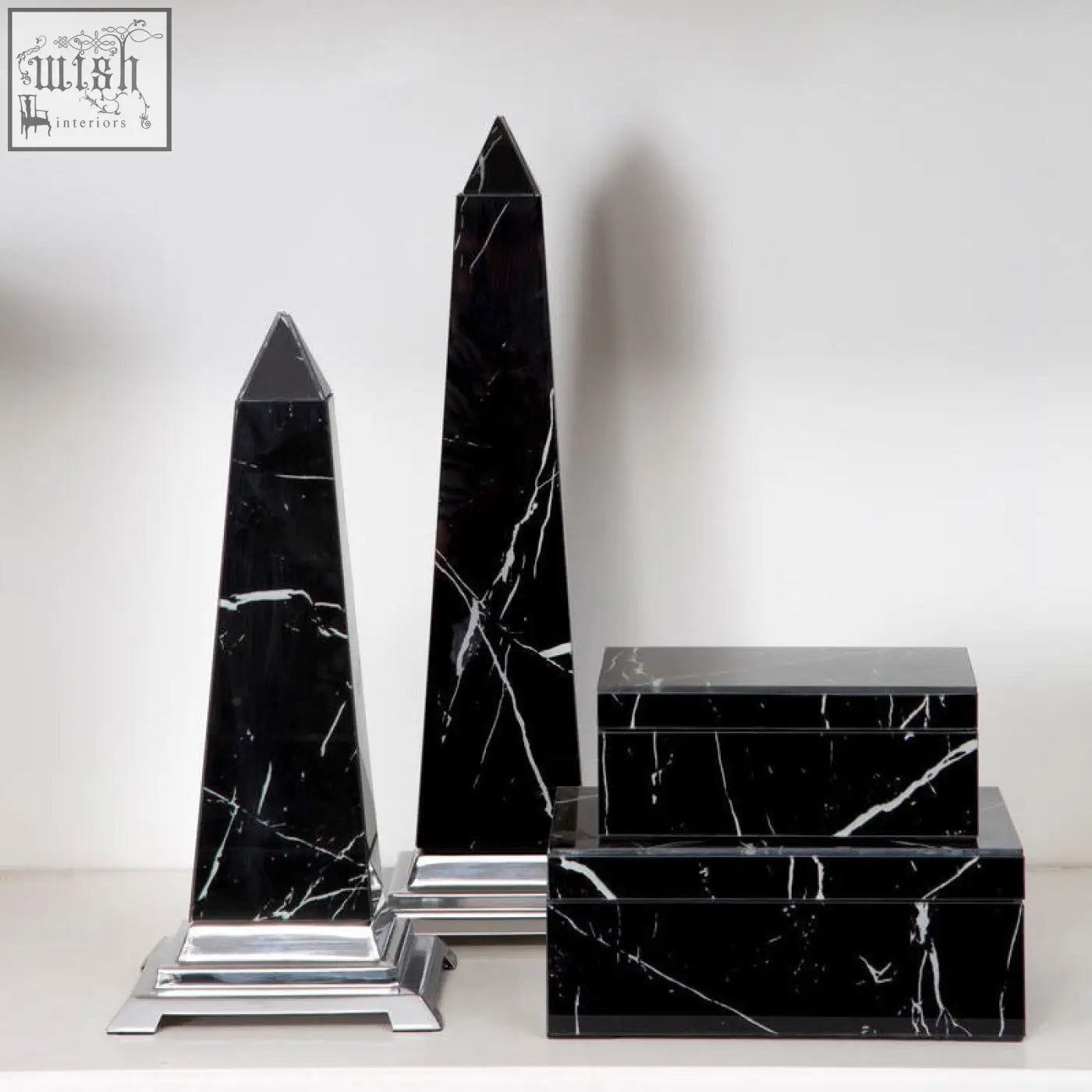 Renata small black marble design glass trinket box with silver base and white veining on matching black marble obelisks