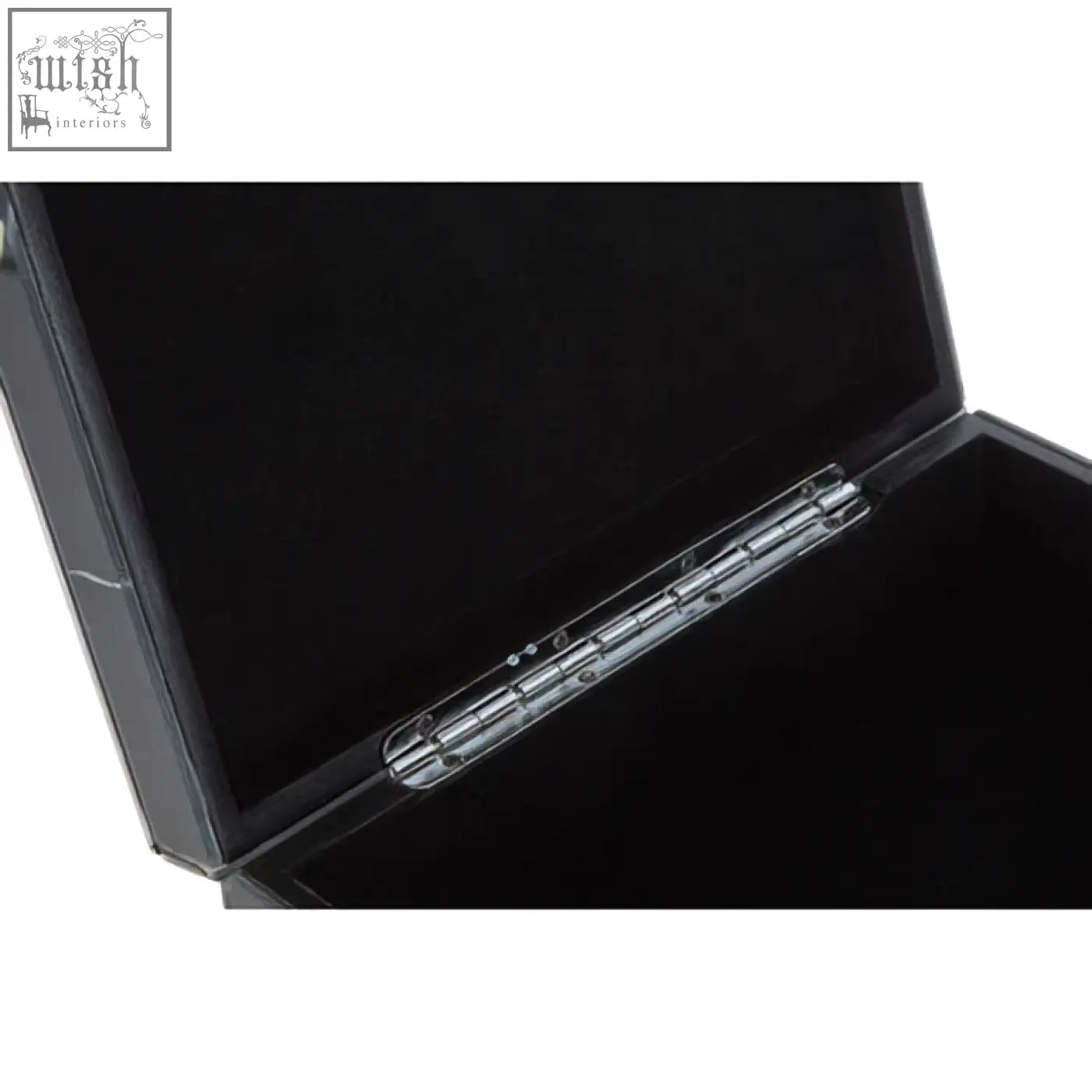 Renata small black marble design glass trinket box with clear transparent hinge and sleek rectangular shape