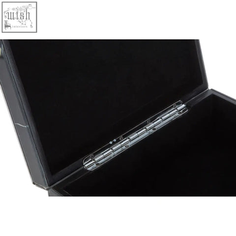 Renata small black marble design glass trinket box with clear transparent hinge and sleek rectangular shape