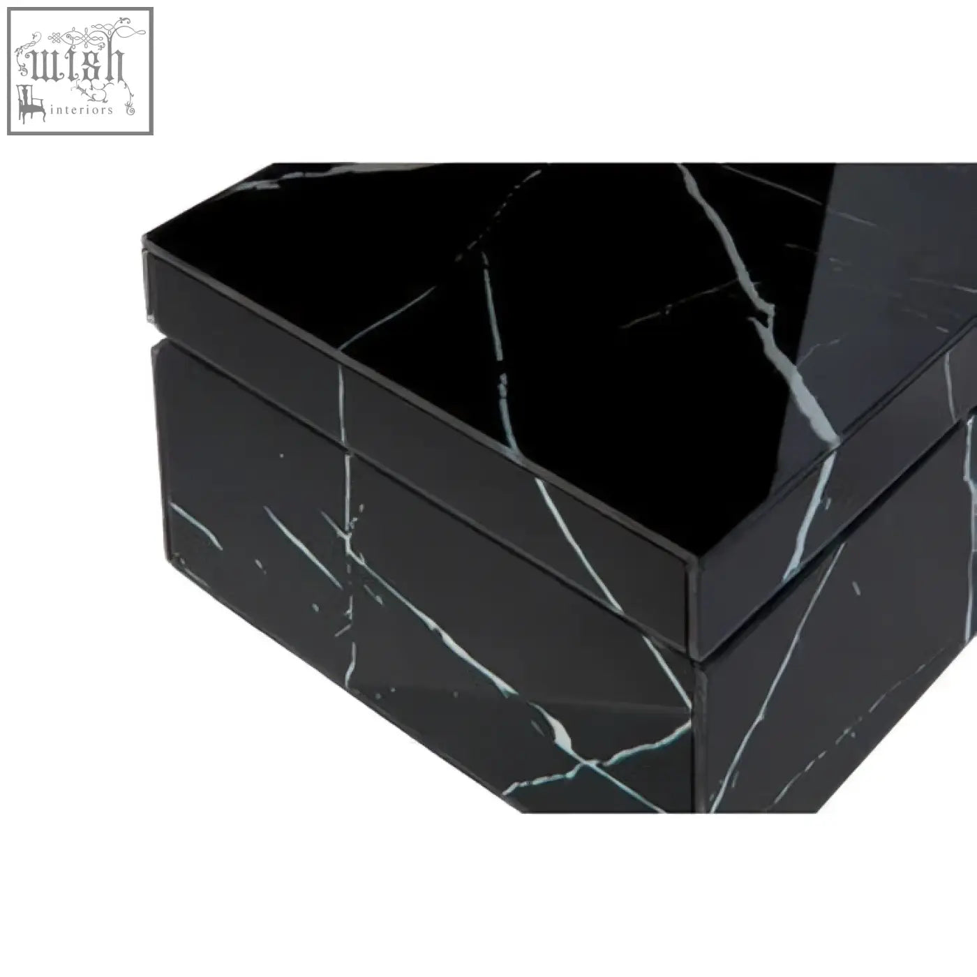 Renata small black marble design glass trinket box with sleek black marble design and elegant white veining