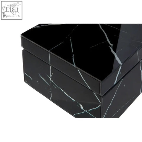 Renata small black marble design glass trinket box with sleek black marble design and elegant white veining