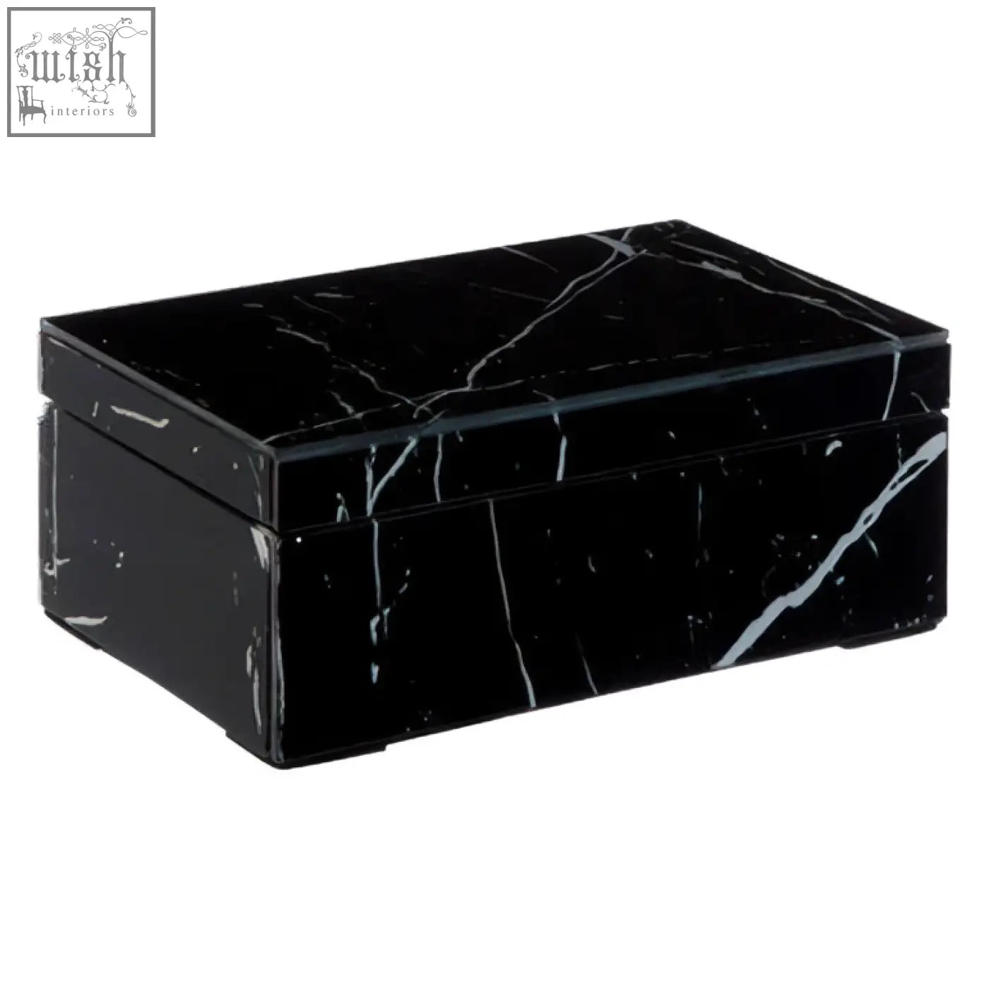Small black marble rectangular trinket box with white veining and glass top in a black marble design