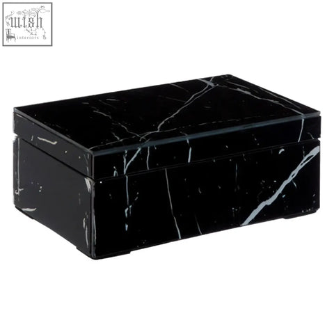 Small black marble rectangular trinket box with white veining and glass top in a black marble design