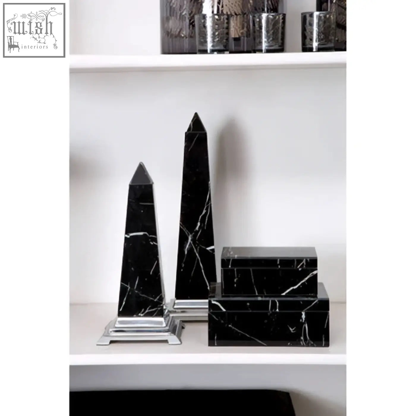 Renata small black marble design obelisk sculpture with silver bases decorative marble design obelisk pieces