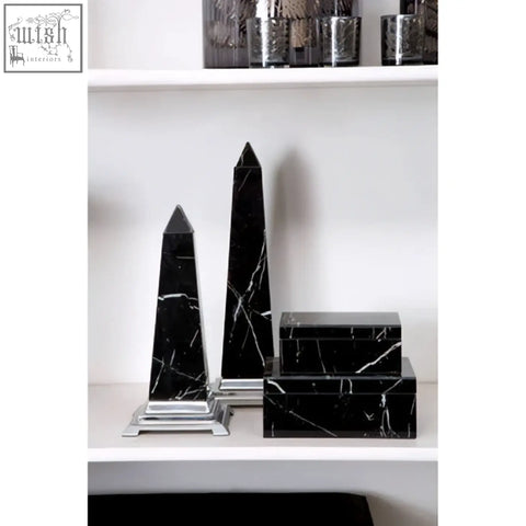 Renata small black marble design obelisk sculpture with silver bases decorative marble design obelisk pieces